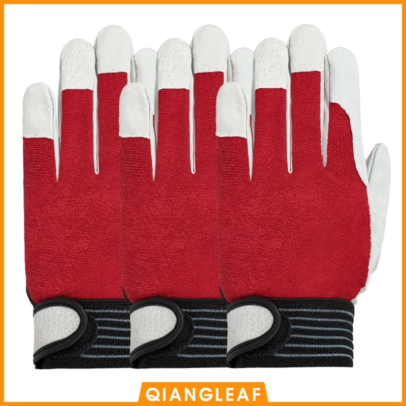 QIANGLEAF 3PCS Mens Work Gloves Safety Protective Leather Camouflage Cloth Tactics Red Safety Glove Wear Resistant Non-slip 508R