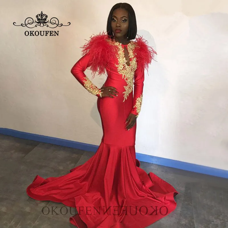 

Amazing Mermaid Evening Dress With Long Sleeves Gold Appliques Feather Keyhole Neck African Women Prom Dress Robe De Soiree