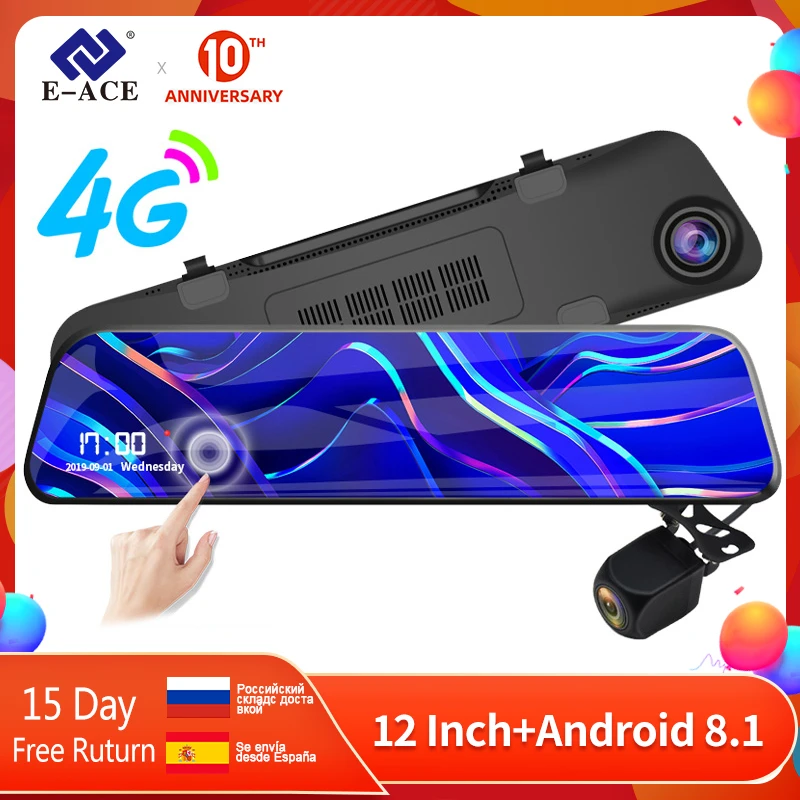

E-ACE D14 Dvr Android 4G Stream Rear View Mirror Navigation ADAS Car Camera 12 Inch Mirror dvr FHD Video Recorder Auto Registrar