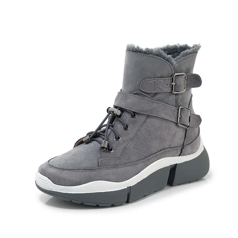 MORAZORA/ г., зимние теплые модные ботильоны высококачественные удобные женские брендовые ботинки на плоской подошве с круглым носком и пряжкой - Цвет: Серый