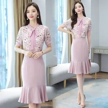 

Temperament Suit Women's Summer New Style Floral Chiffon Shirt + Fishtail Skirt Two-piece Suit Fashion Tops Casual Outfit k915