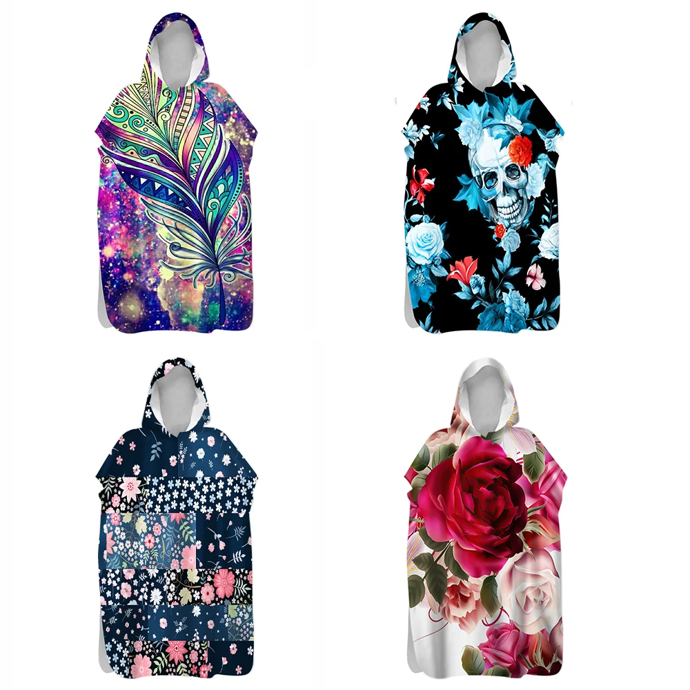 Customizable Rose Flower Pattern Double-Faced Fleece Quick-Drying Beach Towel Warm Bathrobe Diving Swimming Hooded Surf Cloak