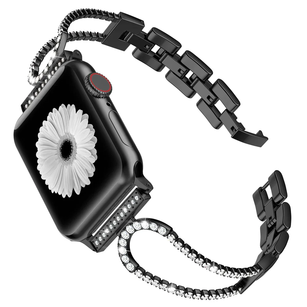 Черный Meatl алмазный браслет со стразами для Apple Watch 40 мм 44 мм 42 мм 38 мм ремешок из нержавеющей стали для iwatch 5 4 3 2 1 роскошный ремень - Цвет ремешка: Черный