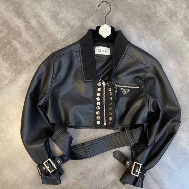 Женская куртка из искусственной кожи PREPOMP черная с длинным рукавом и