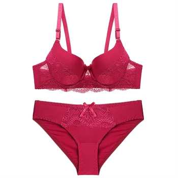 

Embroidery Lace Push Up Women Bra Brief Set BC 3/4 Cup Flowers Young Lady Bow Bra Set Sexy Brassiere Underwear Set