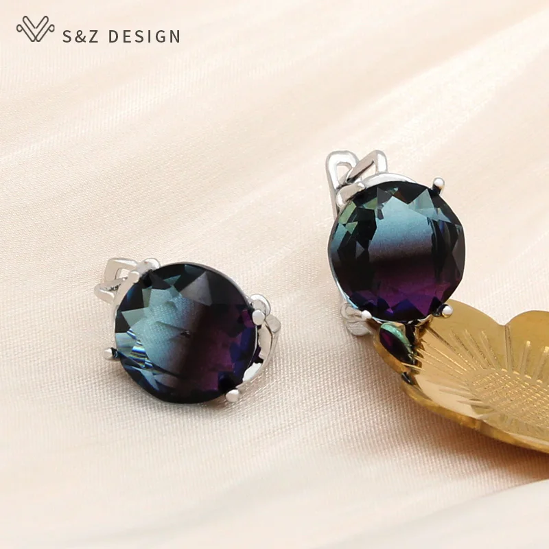 S&Z DESIGN New Fashion 585 Rose Gold Color Big Round Imitation Tourmaline Dangle Earrings For Women Wedding Party Jewelry