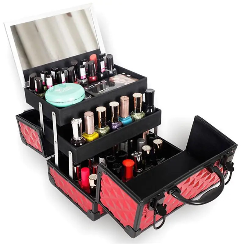 

Large Capacity Cosmetic Box Portable Nail Beauty Box with Mirror for Women Red Water Cube and Black Edge