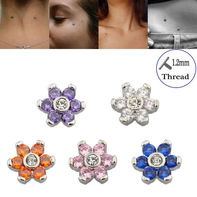Cubic Zirconia Micro Dermal Piercings Flower Steel Dermal Anchor Top