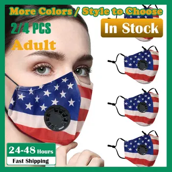 

2/4 PC mascarilla+ 2/4 PC Safety Air Fog Gasket PM2.5 Flag Print American Anti-dust Reusable Mouth Face Masks Mouth Filter Valve