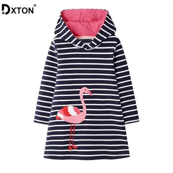 

DXTON Cotton Kids Dresses Hooded Girls Dress Stripe Autumn Winter Girls Costume Dress Flamingo Long Sleeve Children Dress 2-7Y