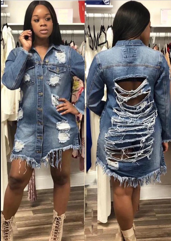 Denim Oversized Longline Ripped Detail 