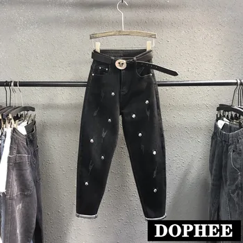 

New Spring Cartoon Mickey Embroidery Harem Jeans Pants Women's Trend Spring High-waist Loose Denim Pants Casual Long Trousers