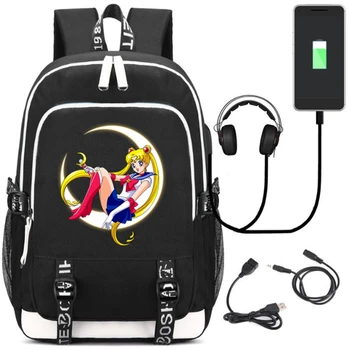 

Sailor Moon Cat Girl Backpack Bag Rucksack w/ USB Fashion Port and Lock / Headphone Anime Book Bag Laptops Gift