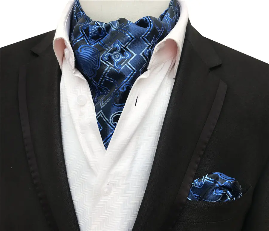 mens infinity scarf High Level Men's Ascot Set Luxury Blue Plaid Paisley Pattern Formal Scarf with Pocket Square black scarf mens