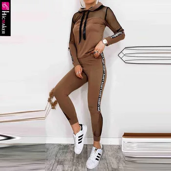 

Women Letter Print Ribbon Sheer Mesh Hooded Top & Pants Set