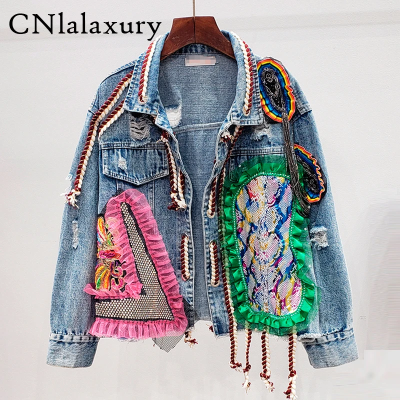 Chaqueta vaquera con bomber parche para mujer, Chaqueta con personalidad diamantes, con borla de vaqueros, Primavera|chaquetas básicas| - AliExpress