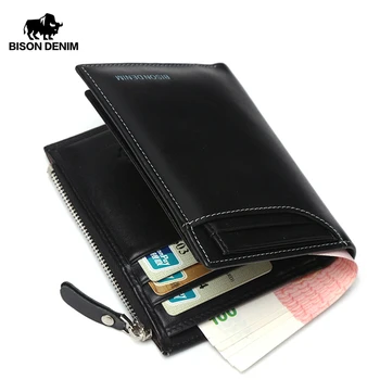 

BISON DENIM Genuine Leather Wallet Men Purse Male Bifold Slim Wallet Card Holder Men Wallet With Coin Pocket Black Wallets N4370