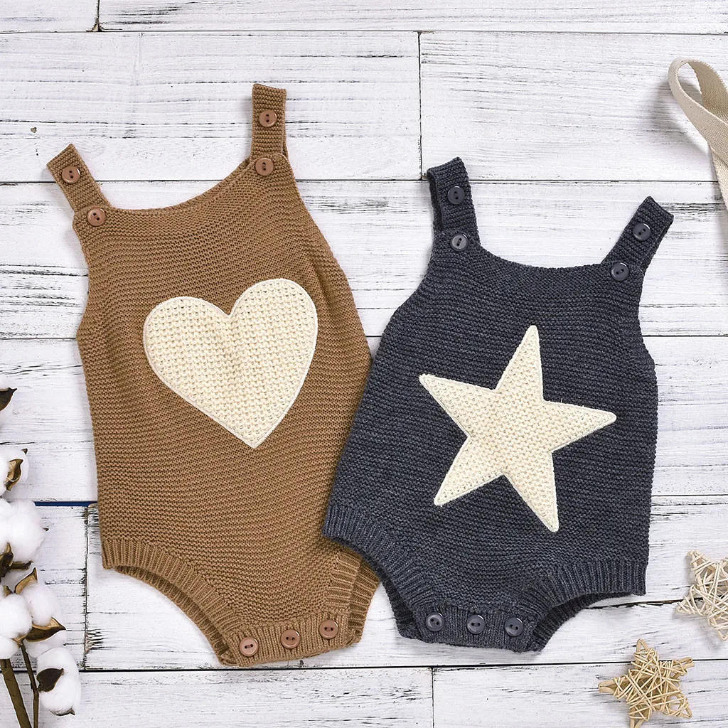 Newborn Infant Baby Girls Solid Romper Knitted Star/Heart Bodysuit Warm Clothes Cotton Blend Sleeveless O-neck Jumpsuit Girls