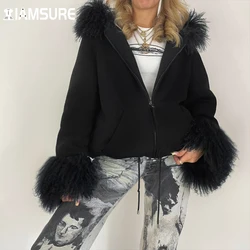 Iamsure gola peluda forro de lã casacos grossos inverno quente básico sólido zíper manga comprida casacos femininos 2021 moda streetwear