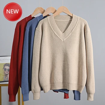 

Sweater Women V Neck Women Autumn Winter Sweater Basic Thick Warm Knitted Jumper Top Femme Casual Ribbed Pullover Sweater