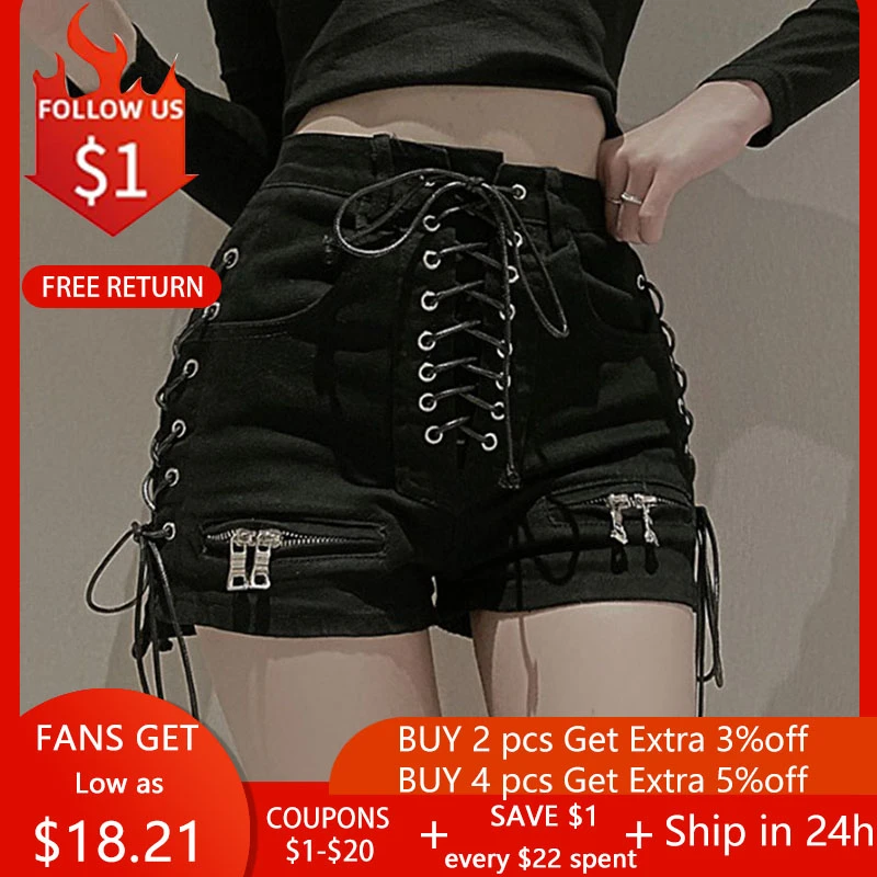 Rosetic Bandage Sexy Denim Shorts Women Streetwear Gothic Jeans Mini High Waist Lace Up Casual Zip Black Goth Club Fashion 2021 black denim shorts