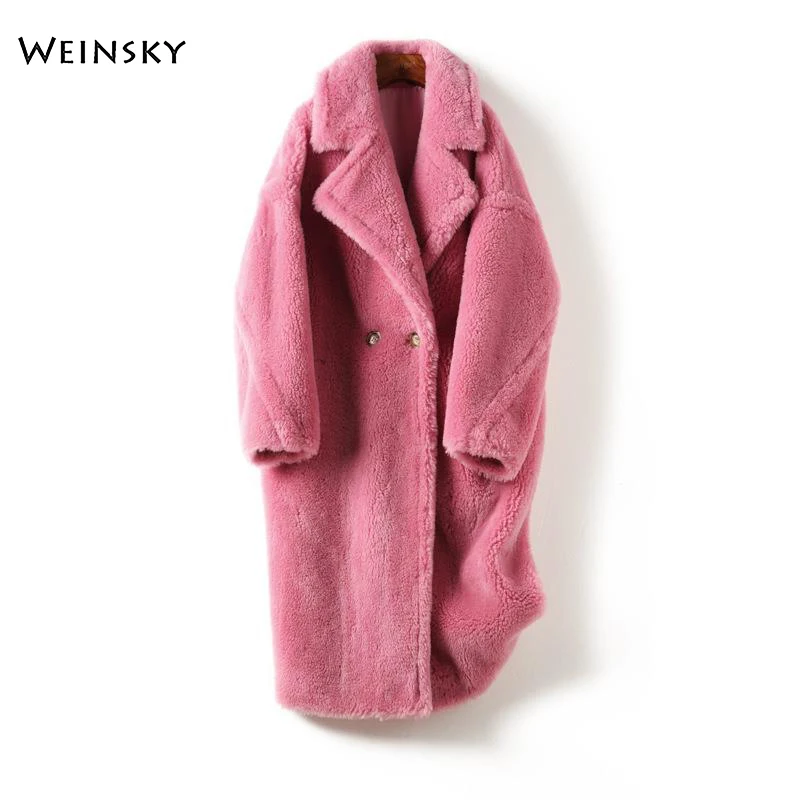 Повседневное стильное зимнее женское пальто из искусственного меха, толстое длинное пальто с мишкой Тедди, модное женское розовое пальто - Цвет: Розовый