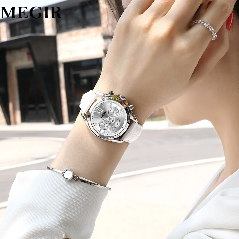 

Megir Women's Watch Top Brand Luxury Quartz Wristwatch Leather Chronograph Waterproof Watches Lady Relogio Feminino Clock White