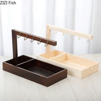 

Creativity Wooden Storage Box with Hook Desktop Key Remote Control Storage Box Decoration Household Bedroom Storage Tool
