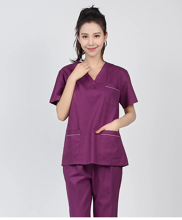 Больница, доктор, Хирургическая Одежда для мужчин и женщин, хлопковая медицинская форма для ухода за больными, спа-Хирургическая Одежда, корейское дезинфицирующее средство для рук, короткое - Цвет: purple