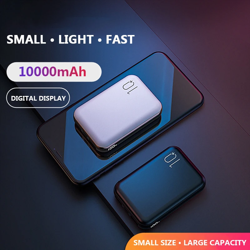 Baratos Mini banco de energía de 10000mAh de carga rápida pantalla lateral cargador portátil de doble salida rápida USB Micro USB Tpye C banco de potencia de carga rápida