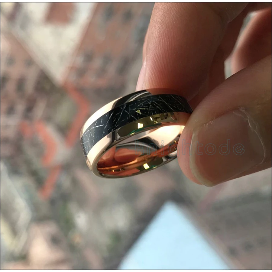 Кольцо из карбида вольфрама с высокой полировкой из розового золота для обручального браслета 8 мм для мужчин и женщин с черным метеоритом, с инкрустацией куполом, комфортная посадка