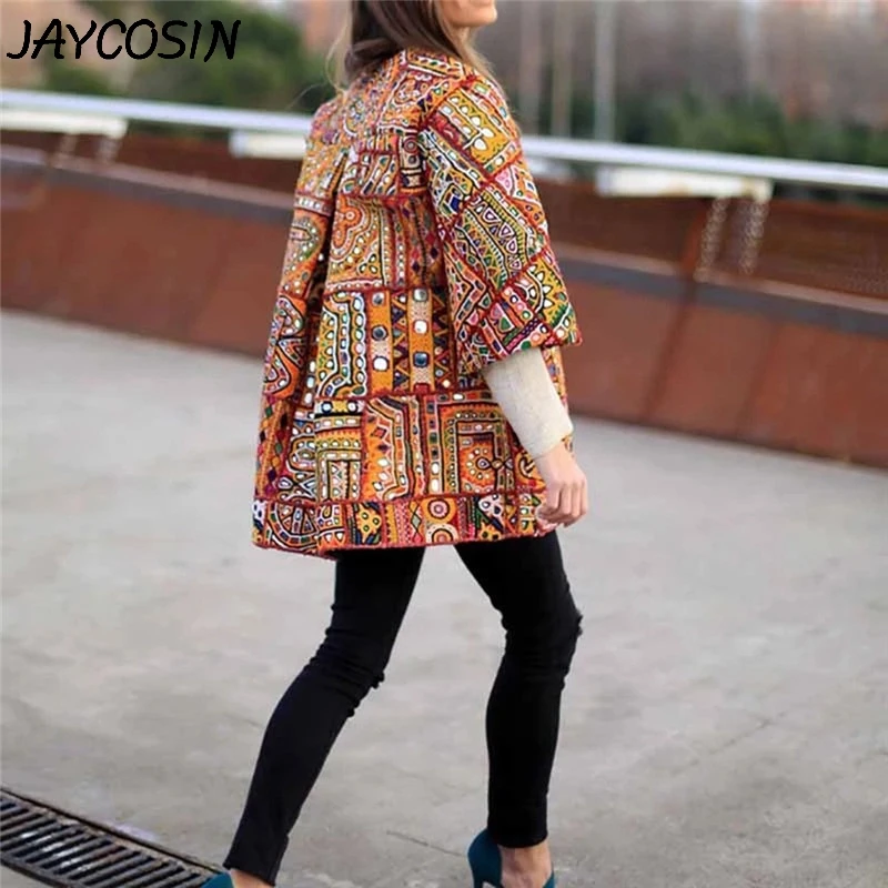 JAYCOSIN Женское пальто с открытой передней частью, винтажное пальто-кардиган с принтом, 3/4 рукав, уличная одежда, темпераментное пальто, верхняя одежда, casaco feminino