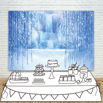 

Photographic Backdrop Frozen Winter Blue Ice World Waterfall Photo Background For Kids Birthday Party Dessert Table Wall Banner