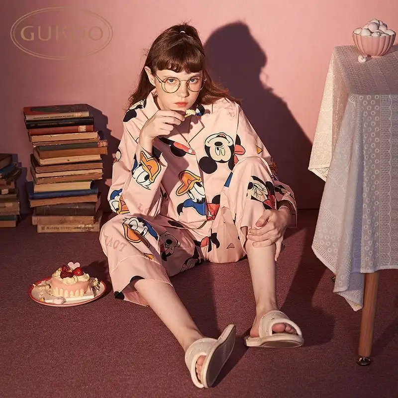 

2pcs Pajama sets 2019 Autumn New Cartoon Pajamas for women Comfortable Cotton Pyjamas women High quality Homewear Pajamas set