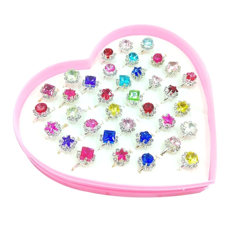 Ring Set Finger Ring Adjustable Rings 12/36 Pcs/box Adjustable Alloy Baby Girl Rings Heart Shaped Showcase