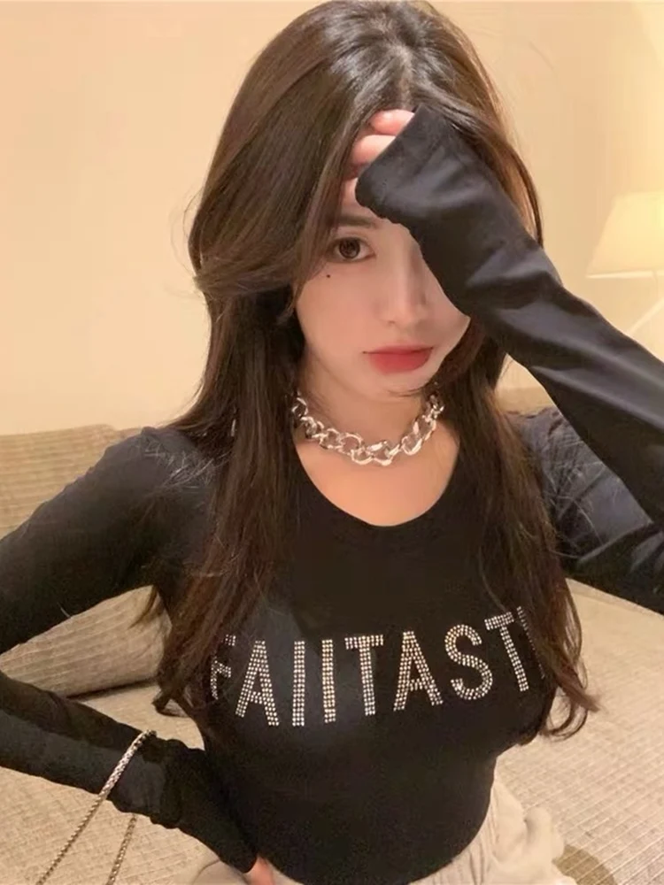 

Spring and Autumn Long Sleeve Round Neck Top Women Shining Hot Rhinestone Letter T-shirt High Street Fashion Slim Top Black