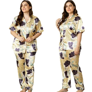 

Women Satin Print Pajamas Set Short Sleeve Button Down Tops Long Pants Loungewear Sleepwear Nightwear Pyjamas 2 Pieces Home Suit