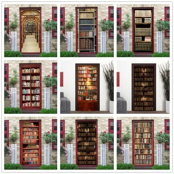 

Wallpaper for Door Library Vinyl DIY Self-adhesive Waterproof Poster Retro Wood Sticker Home Decor Wall Mural Decals deursticker
