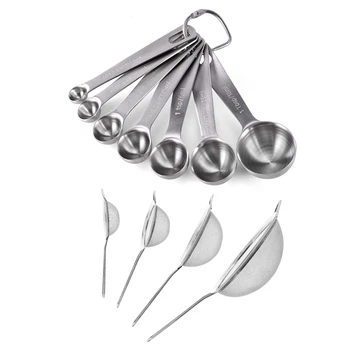 

7x Stainless Steel Measuring Spoons & 4Pcs Colander Strainer Colander Strainer Set 7/12/16/22 cm Made of Stainless Steel