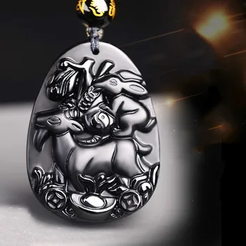 

Natural Black Obsidian Beads Necklace Hand-Carved Zodiac Sheep Rabbit Jade Pendant Fashion Charm Jewellery Amulet Gifts Jewelry