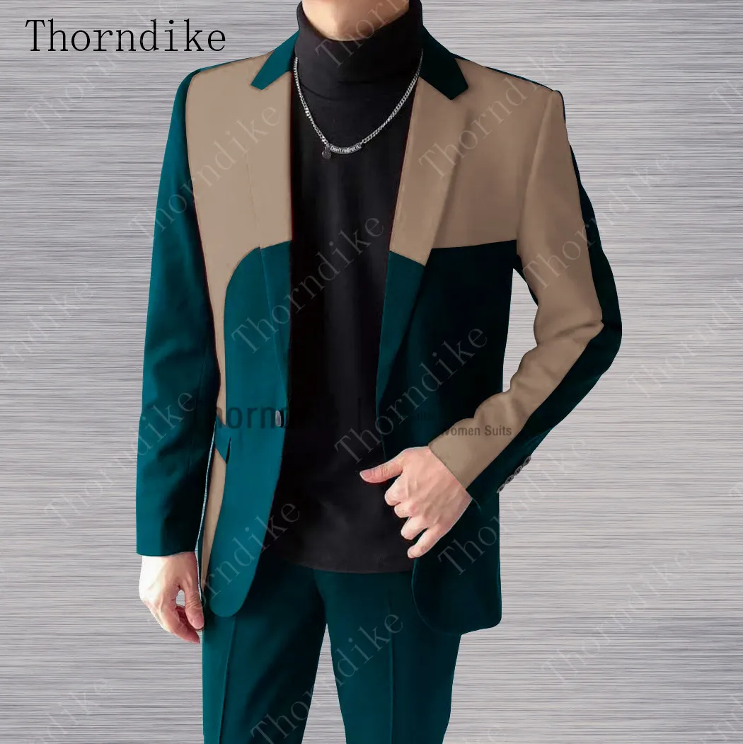 Thorndike One Button Men Suit 2 piece Formal Wedding Tuxedo for Groomsmen Man Fashion Stitching Color Clothes Set (Blazer+Pants) | Мужская