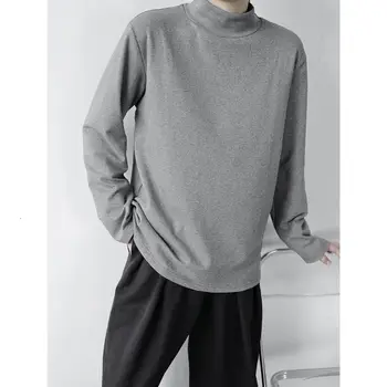 

Korean Cotton T Shirt Men's Fashion Casual Stand-up Collar T-shirt Men Streetwear Loose Autumn Long-sleeved Tshirt Mens Tops