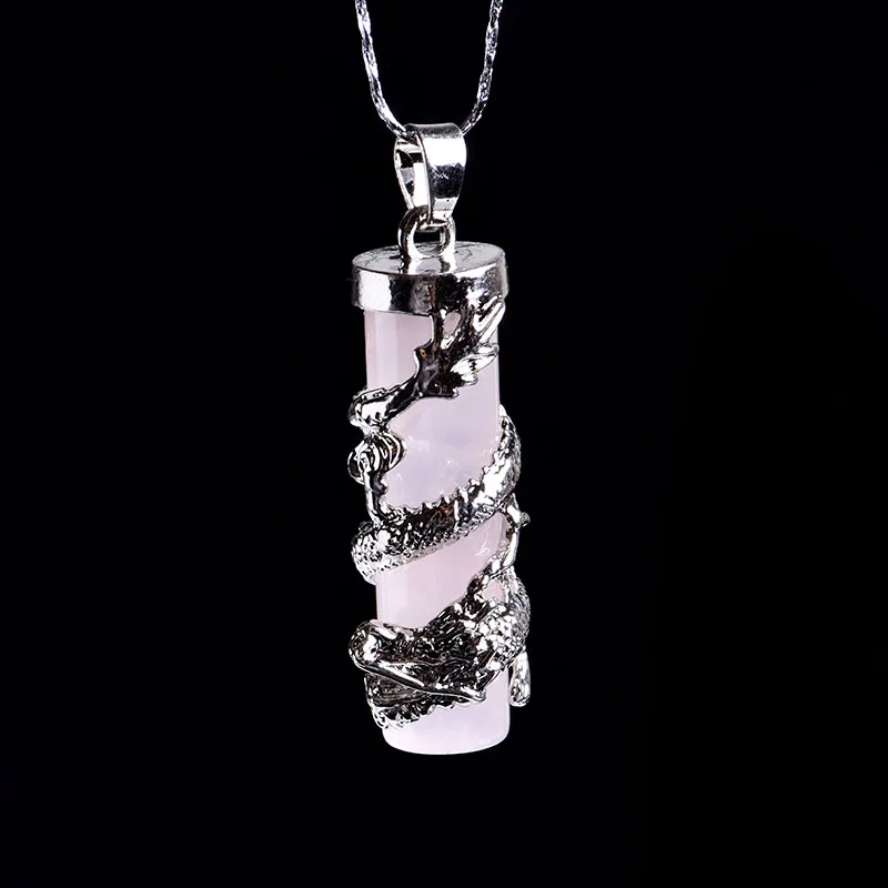 Rose Quartz 1 шт. натуральный кристалл минеральные ювелирные изделия дракон кулон в форме колонны guardian Мода Пара кулон ожерелье DIY подарок орнамент - Цвет: Rose Quartz