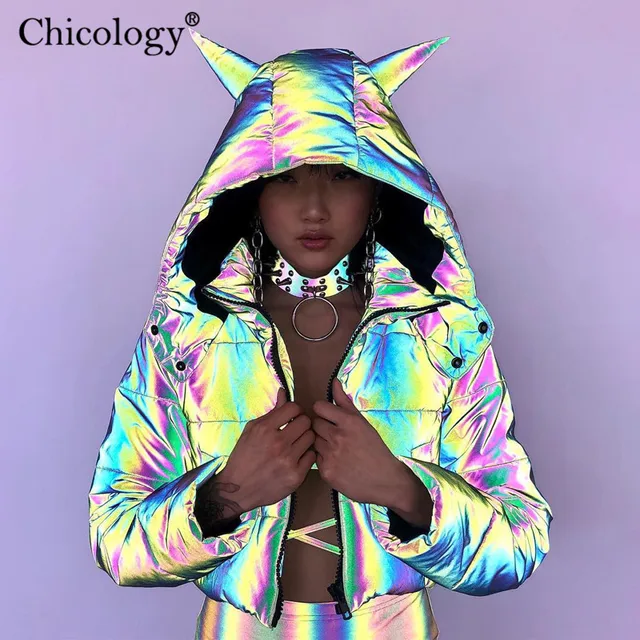 US $40.38 Chicology devil hooded reflective cotton padded warm parka women crop jacket 2019 winter coat long 