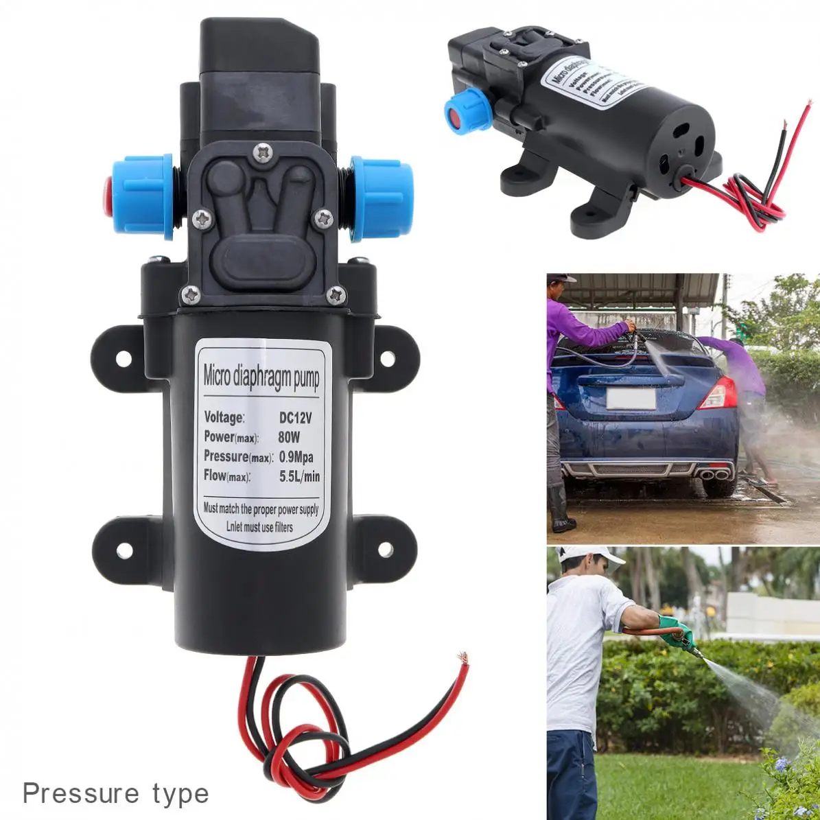 

12V 80W 5.5L/min Self-suction DC Mini Diaphragm High Pressure Electric Cars Wash Pump with Blue Nut for Car / Home / Garden