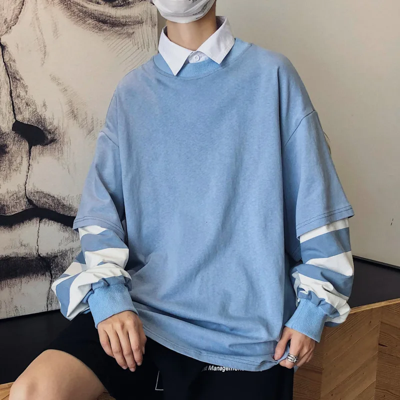 

Autumn Cotton Fake Two Hoodies Men Fashion Striped Stitching Casual Sweatshirt Men Streetwear Loose Hip Hop Hoodie Man Hoody