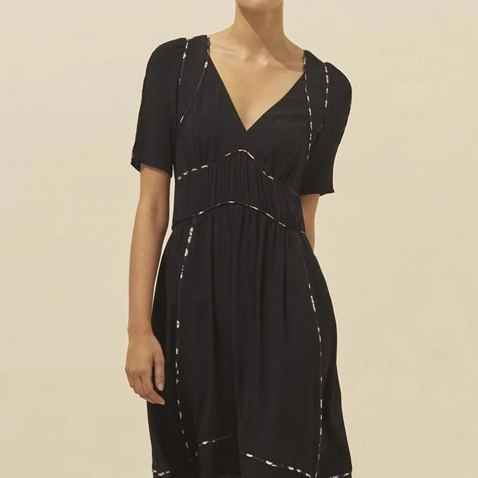 

Top Version Women V Neckline Short Sleeve Midi Dress With Contrast Patchwork Detail