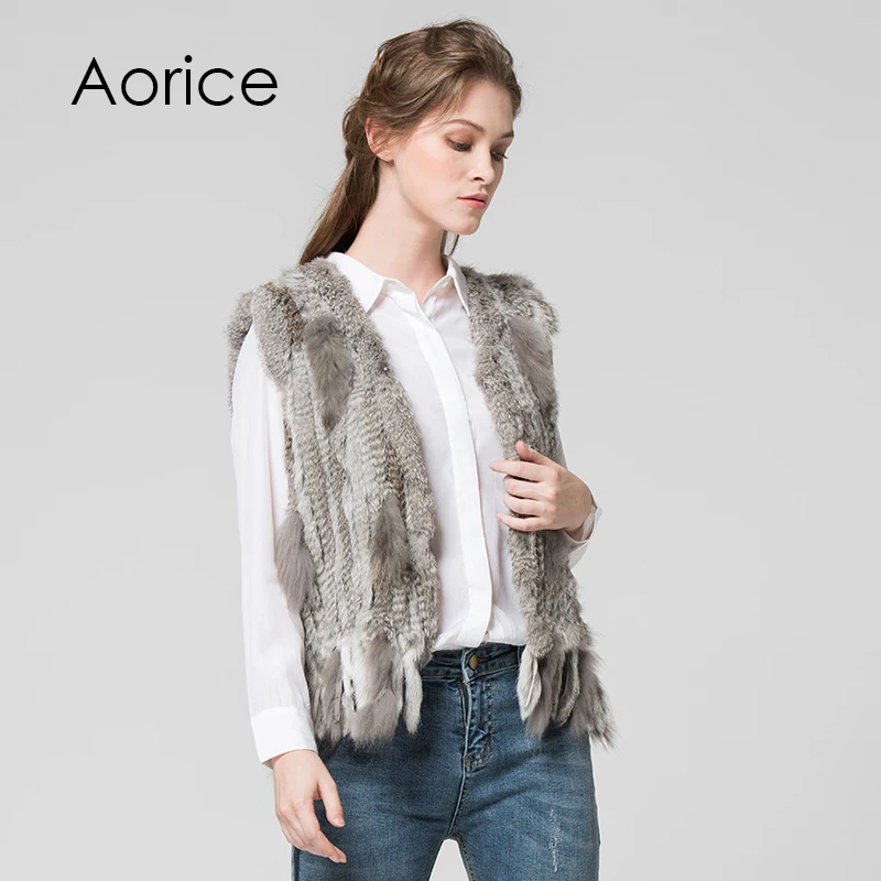 Women Knitted Handmade Real Rabbit Fur Vest Gilet Sleeveless Garment Waistcoat Female Natural Fur Coat Jacket VR031