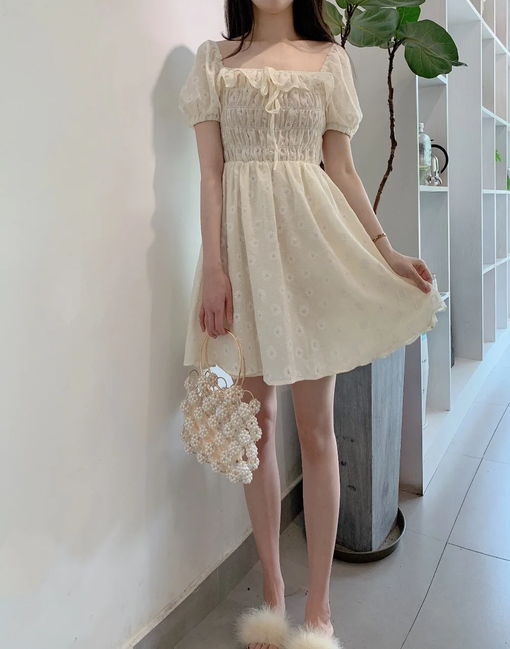 Moris Platycodon first love woman dress 2020 summer slash neck A-line puff sleeve vintage square collar high waist thin dress