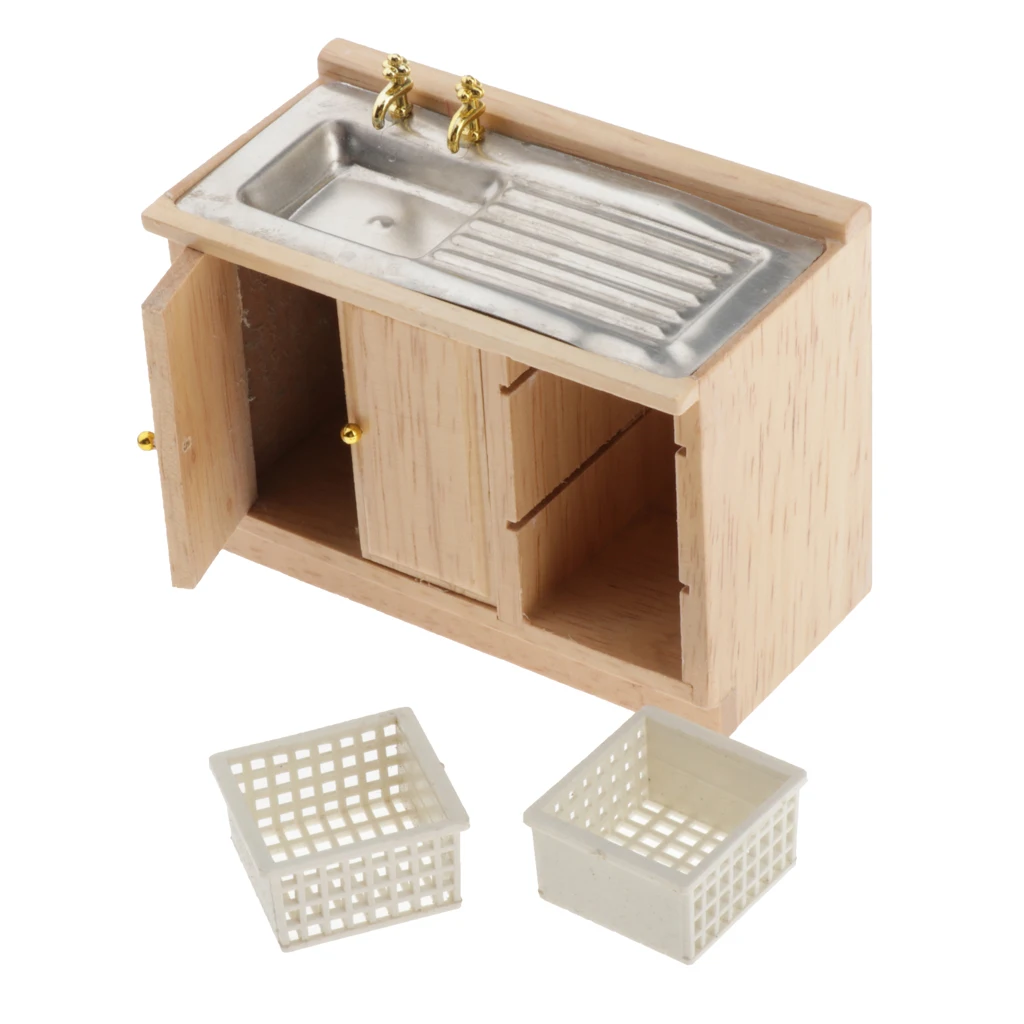 1:12 Dollhouse Miniatures Wooden Cupboard Wash Basin Cabinet Kitchen Furnitures